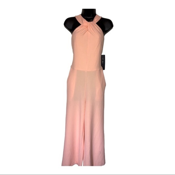 Rachel Roy pink blush crepe halter wide leg twist front midi jumpsuit size large - Picture 1 of 16